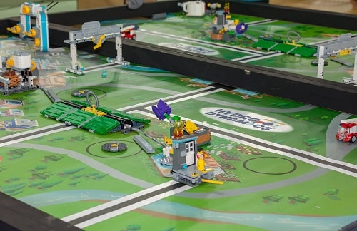 Challenge mat and pieces set up for the Robot Game